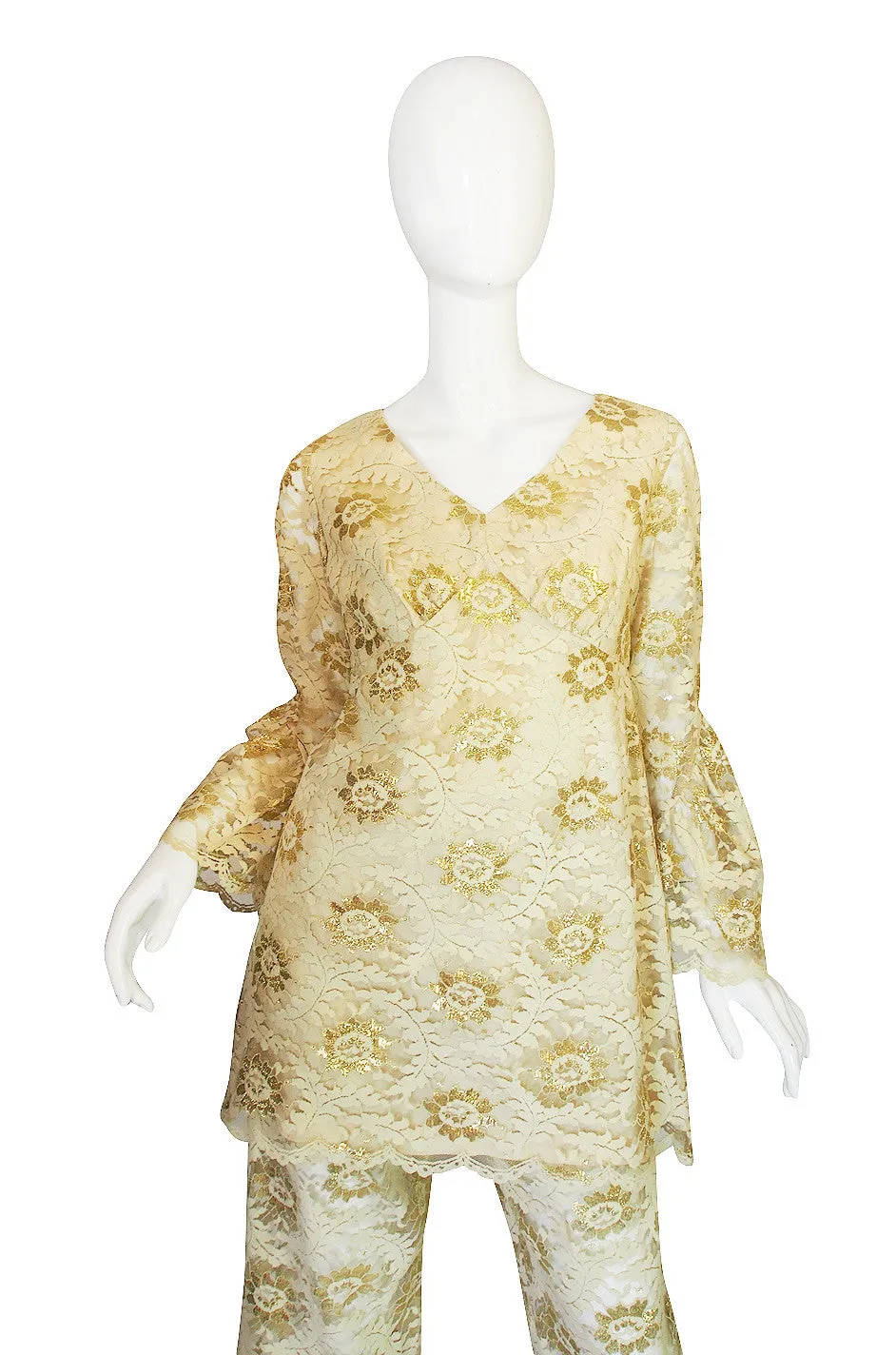 1960s Cream and Gold Lace Pants & Tunic Set