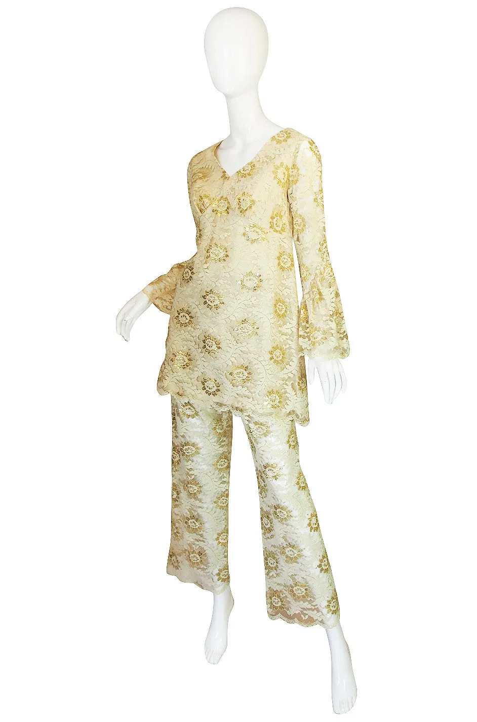 1960s Cream and Gold Lace Pants & Tunic Set