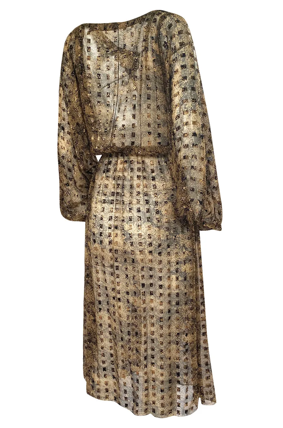 1970s Holly's Harp Silk Ribbon Chiffon Taupe & Black Print Dress