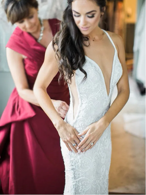 A-line Lace Boho Detachable Tulle Beach Mermaid Long Wedding Dress, WD0566