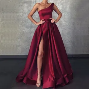 A-line One Shoulder Green Burgundy  Prom Dresses PD2351