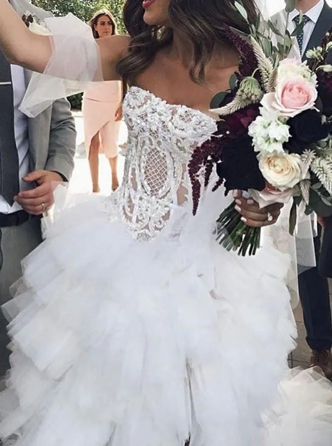 A-Line Strapless Asymmetric Ruffles Wedding Dress with Appliques TN132