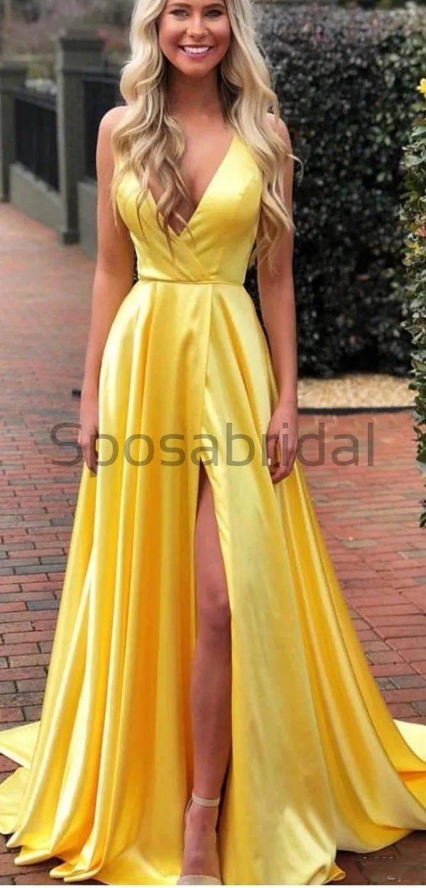 A-line Yellow Cheap Side Slit Spaghetti Straps Simple Long Prom Dresses PD1550