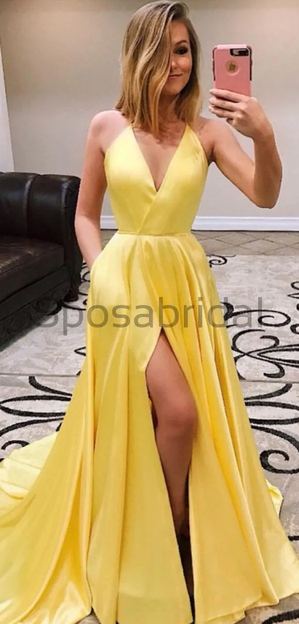 A-line Yellow Cheap Side Slit Spaghetti Straps Simple Long Prom Dresses PD1550