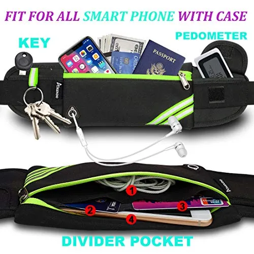 AIKENDO Reflective Slim Pocket Running Belt Fanny Pack Bag for Hiking Fitness Cycling Workout Gym, Jogging for iPhone Xs, XR, 7 8 Plus, Travelling Money Phone Holder