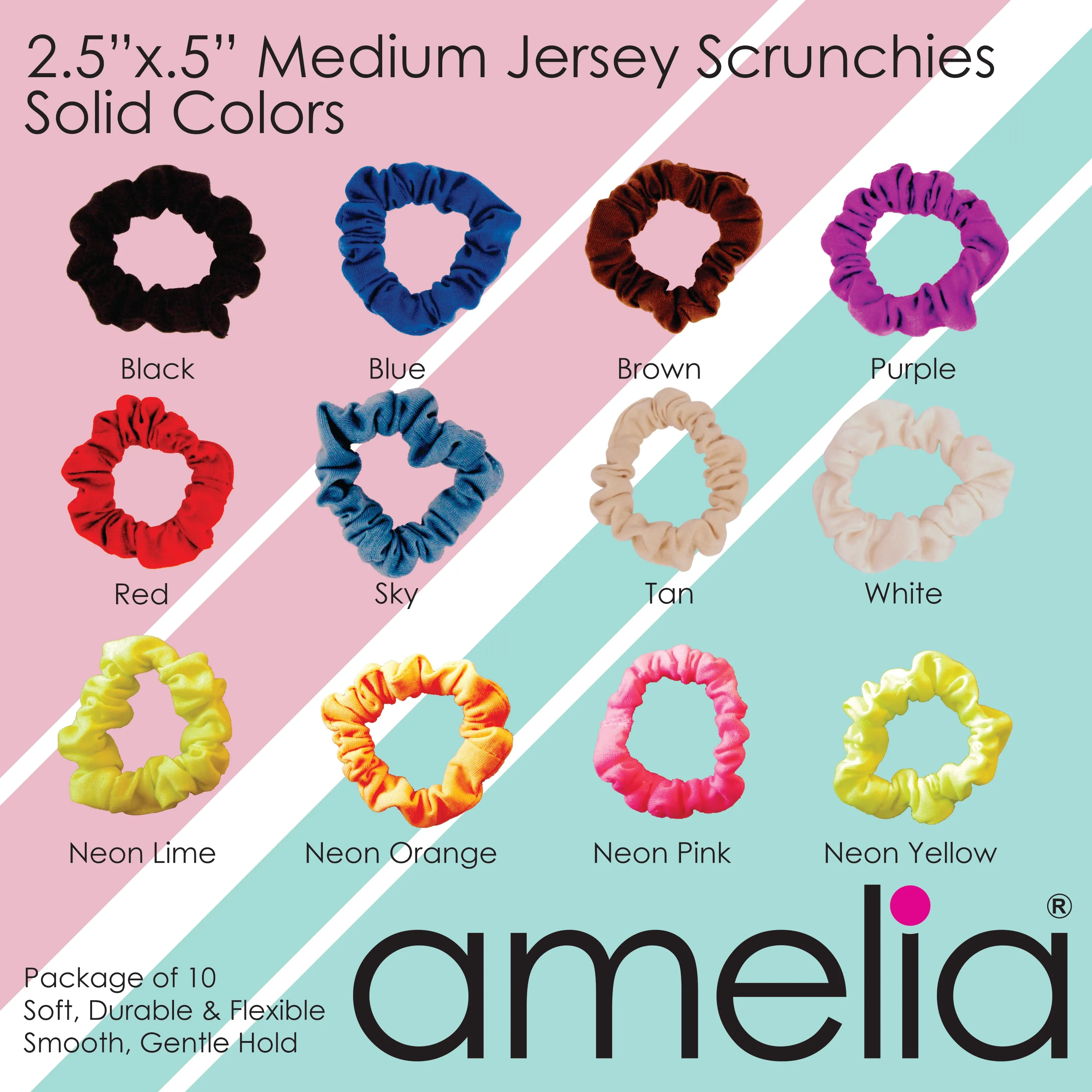 Amelia Beauty, Medium White with Pink Polka Dot Jersey Scrunchies, 2.5in Diameter, Gentle on Hair, Strong Hold, No Snag, No Dents or Creases. 10 Pack
