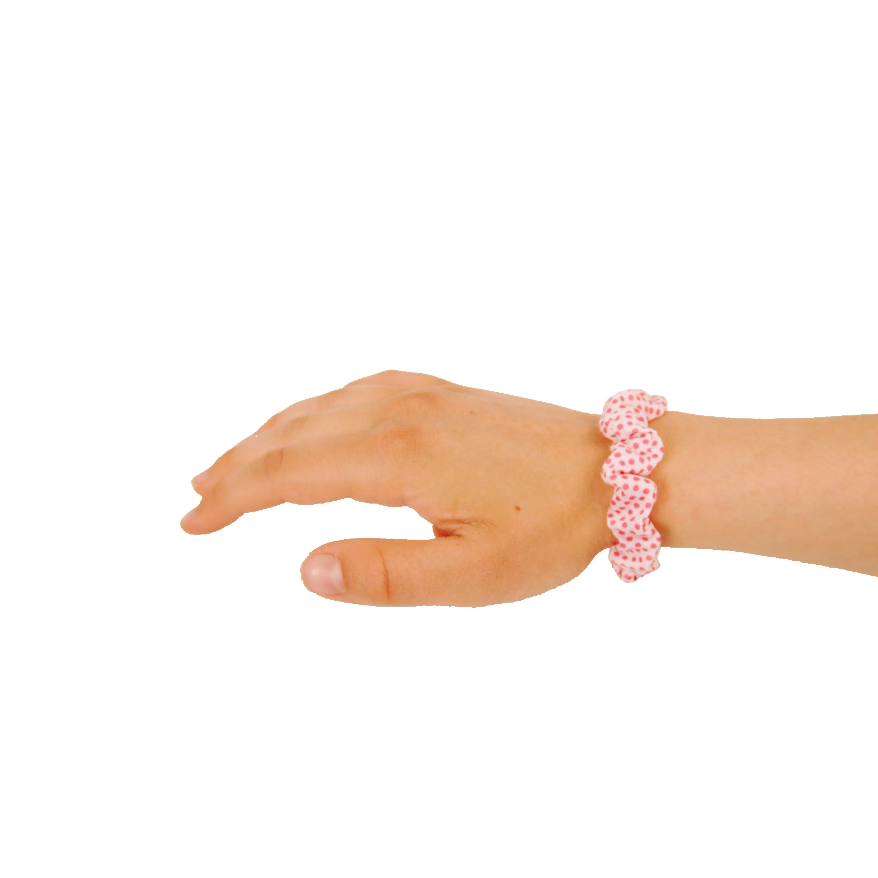 Amelia Beauty, Medium White with Pink Polka Dot Jersey Scrunchies, 2.5in Diameter, Gentle on Hair, Strong Hold, No Snag, No Dents or Creases. 10 Pack