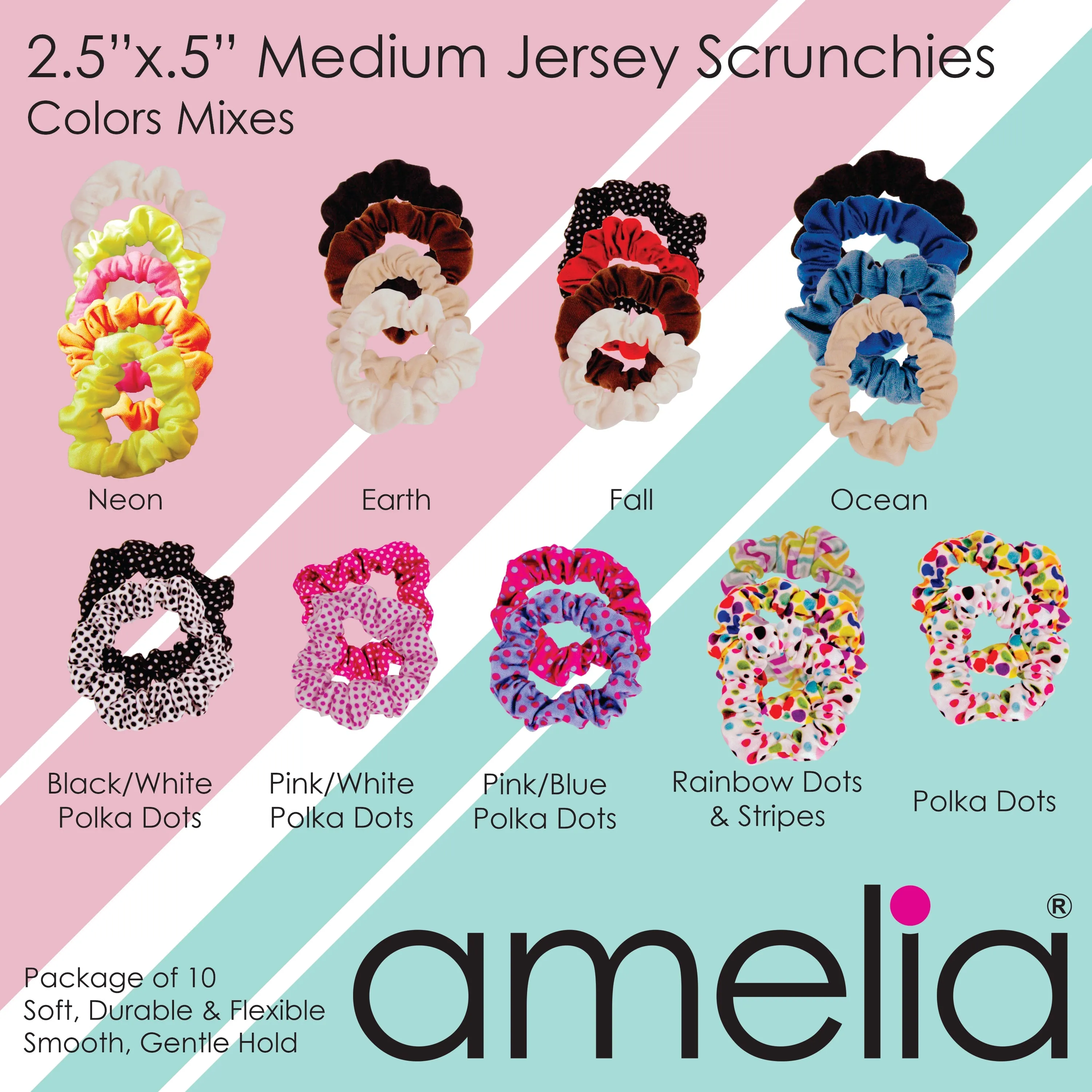 Amelia Beauty, Medium White with Pink Polka Dot Jersey Scrunchies, 2.5in Diameter, Gentle on Hair, Strong Hold, No Snag, No Dents or Creases. 10 Pack
