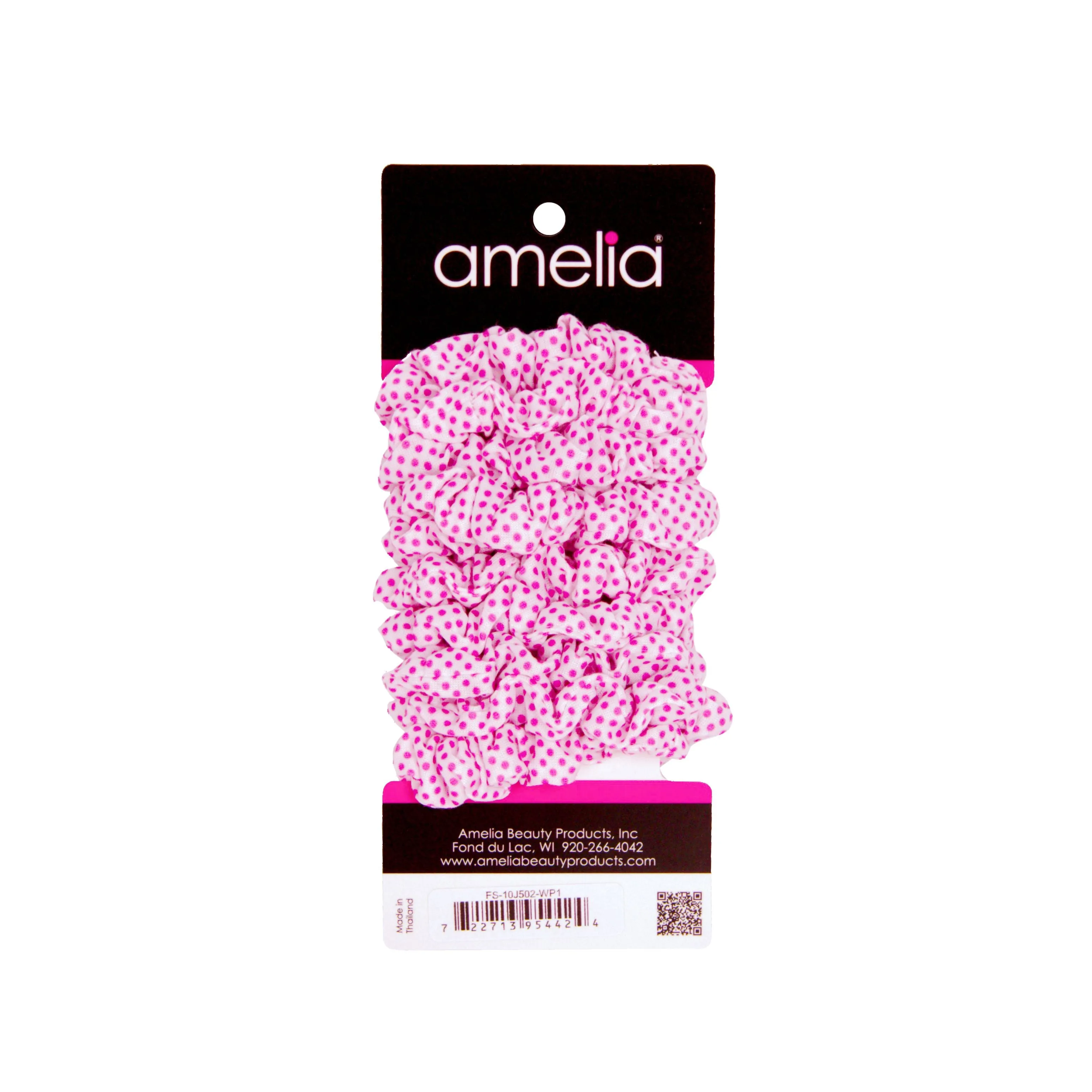 Amelia Beauty, Medium White with Pink Polka Dot Jersey Scrunchies, 2.5in Diameter, Gentle on Hair, Strong Hold, No Snag, No Dents or Creases. 10 Pack