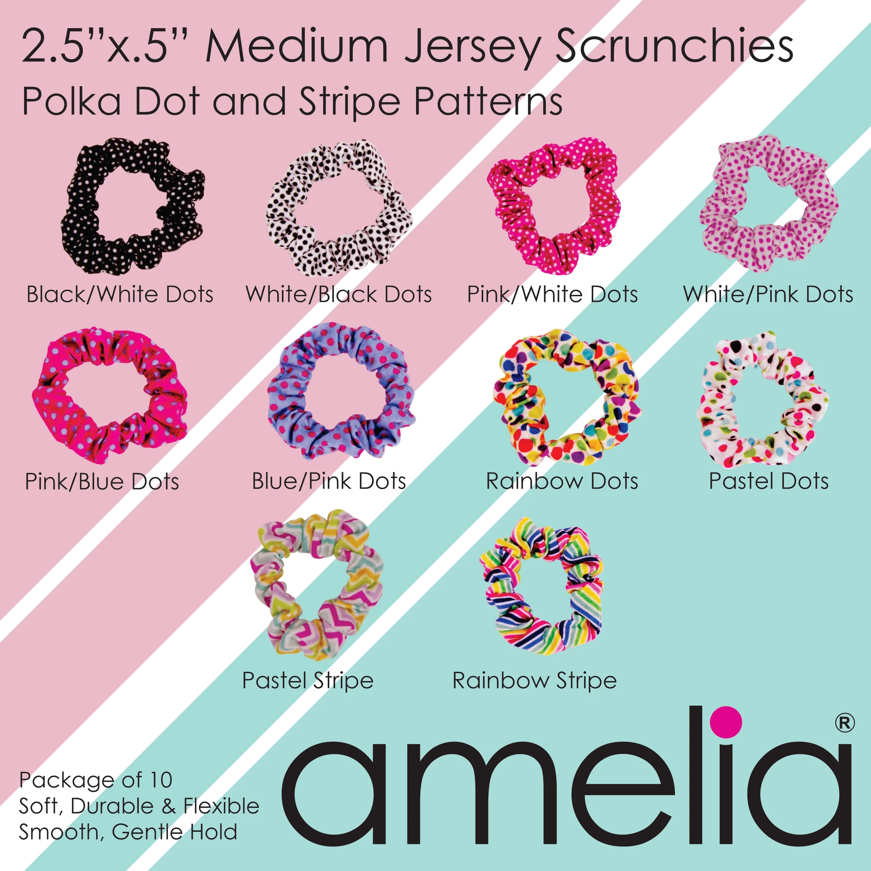 Amelia Beauty, Medium White with Pink Polka Dot Jersey Scrunchies, 2.5in Diameter, Gentle on Hair, Strong Hold, No Snag, No Dents or Creases. 10 Pack