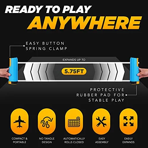 AQamerZ Complete Ping Pong Paddle Set - Portable Table Tennis Kit with Retractable Net, 4 x Ping Pong Paddles, 8 Balls, 4 x Sweat Bands, Carry Case - Tabletop Pingpong Racket Equipment and Accessories