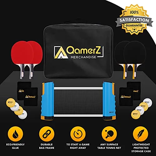 AQamerZ Complete Ping Pong Paddle Set - Portable Table Tennis Kit with Retractable Net, 4 x Ping Pong Paddles, 8 Balls, 4 x Sweat Bands, Carry Case - Tabletop Pingpong Racket Equipment and Accessories