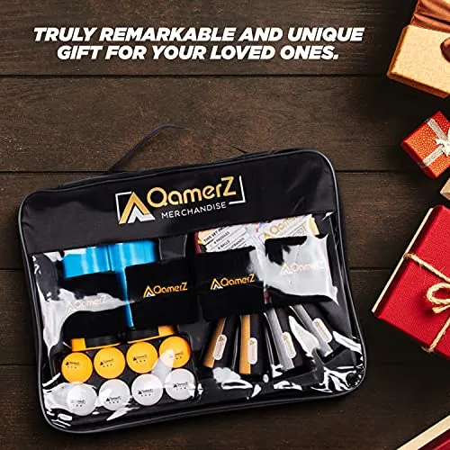 AQamerZ Complete Ping Pong Paddle Set - Portable Table Tennis Kit with Retractable Net, 4 x Ping Pong Paddles, 8 Balls, 4 x Sweat Bands, Carry Case - Tabletop Pingpong Racket Equipment and Accessories