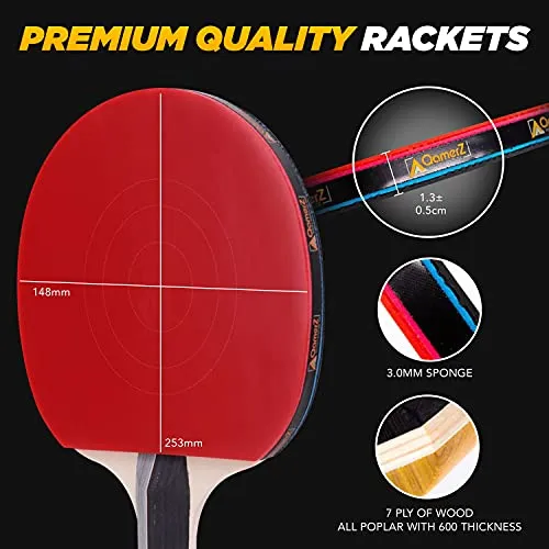 AQamerZ Complete Ping Pong Paddle Set - Portable Table Tennis Kit with Retractable Net, 4 x Ping Pong Paddles, 8 Balls, 4 x Sweat Bands, Carry Case - Tabletop Pingpong Racket Equipment and Accessories