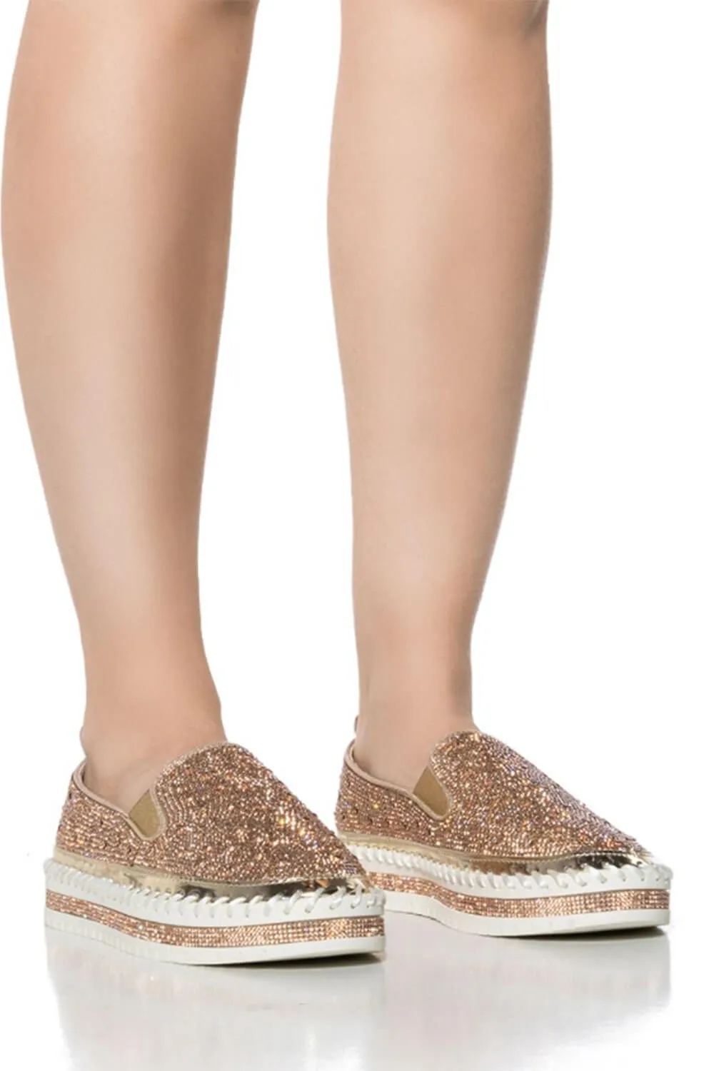 Azalea Wang Brittany Rhinestone Slip On Shoes for Women in Rose Gold | BRITTANY-ROSE GOLD