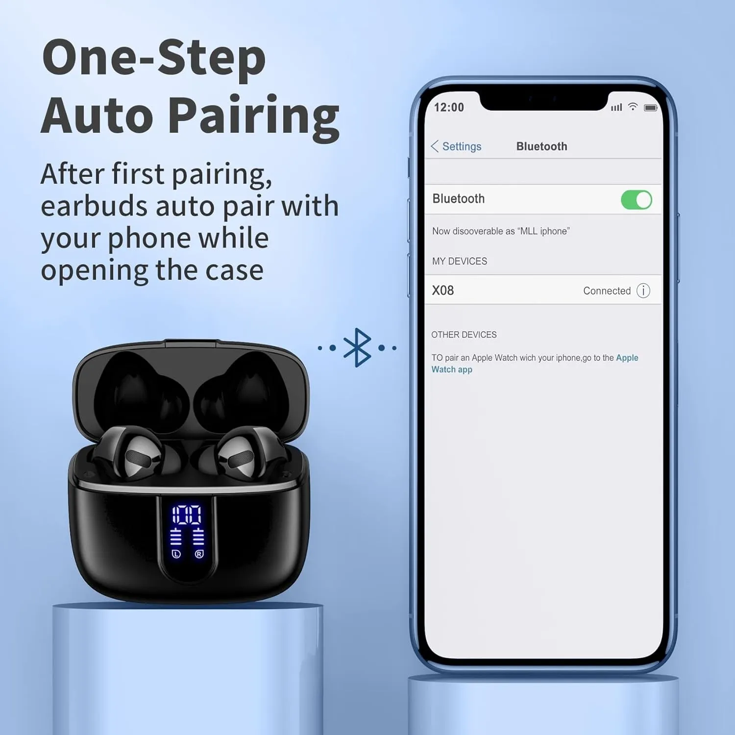 Bluetooth Headphones True Wireless Earbuds 60H Playback LED Power Display Earphones with Wireless Charging Case IPX5 Waterproof In-Ear Earbuds with Mic for TV Smart Phone Laptop Computer Sports