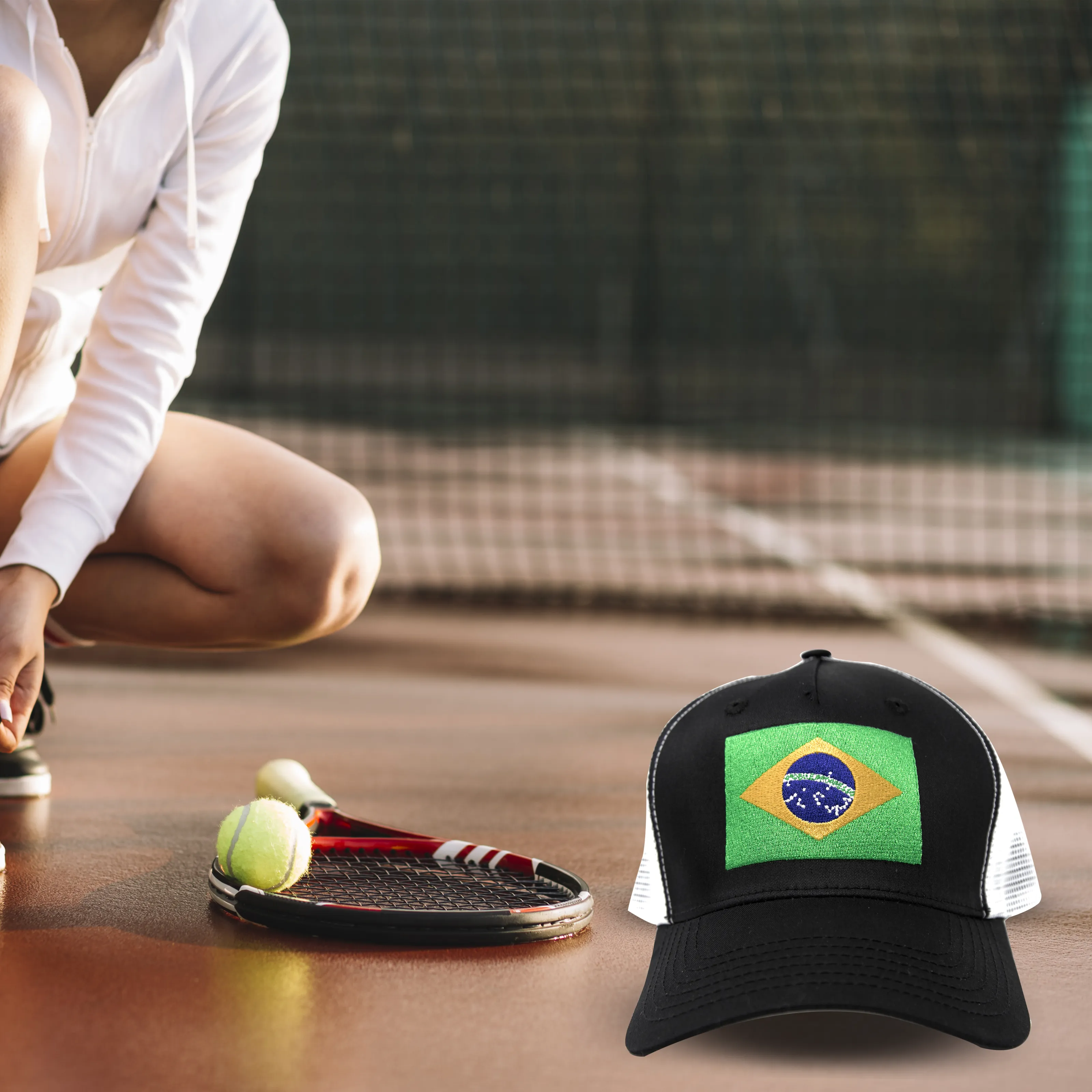 Brazil Flag Trucker Baseball Snapback Hat (Black White) - International Tie