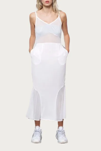 CAROLINE MESH-PANELED MIDI DRESS