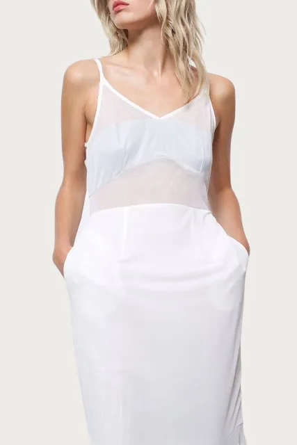 CAROLINE MESH-PANELED MIDI DRESS
