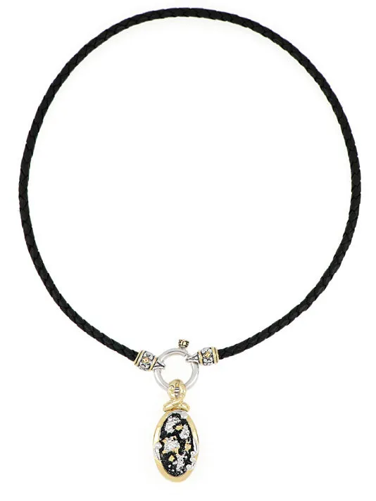 Carvão Medium Oval Lava Pendant on black Leather Spring Ring