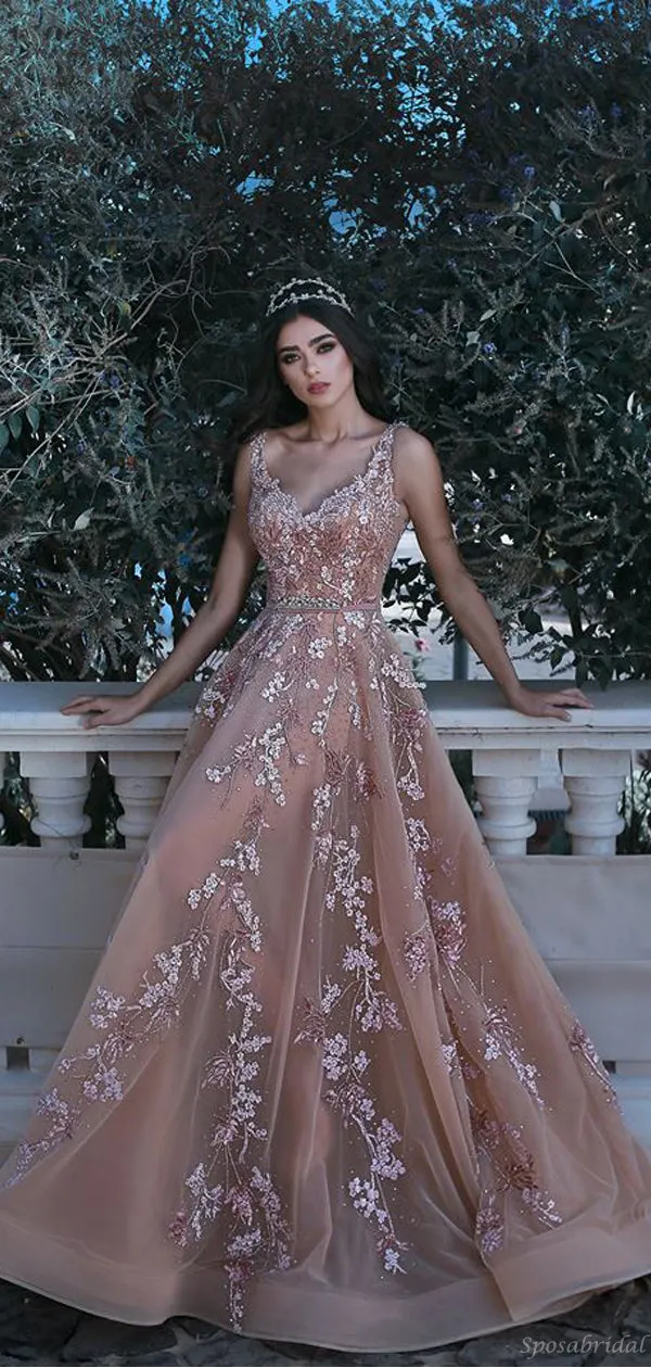 Charming Rose Champagne Floral Applique Sleeveless A-line Long Prom Dress, PD0704