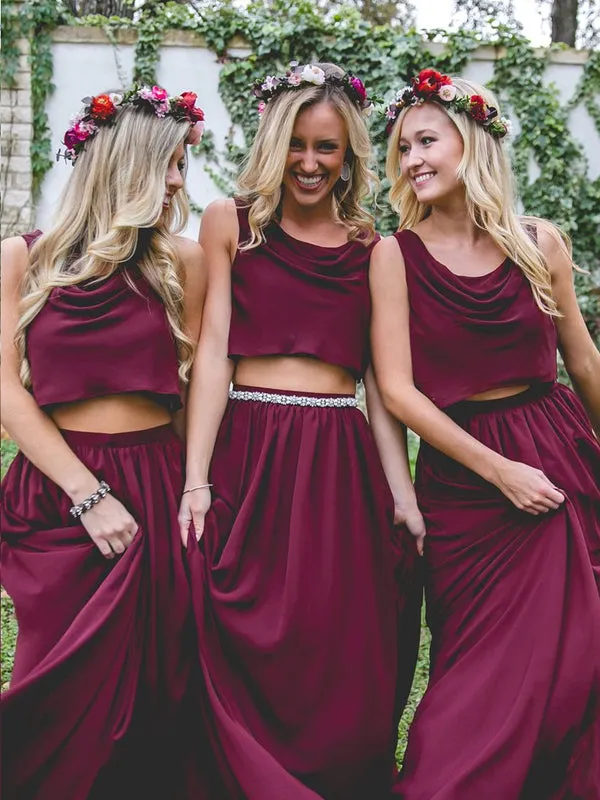 Cheap Dusty Blue and Burgundy Simple Two Pieces Bridesmaid Dresses, PD0306