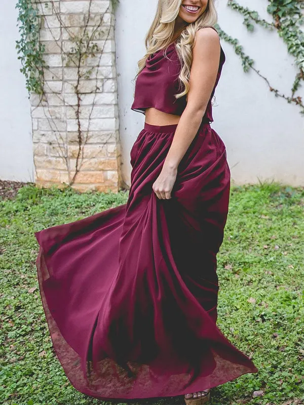 Cheap Dusty Blue and Burgundy Simple Two Pieces Bridesmaid Dresses, PD0306