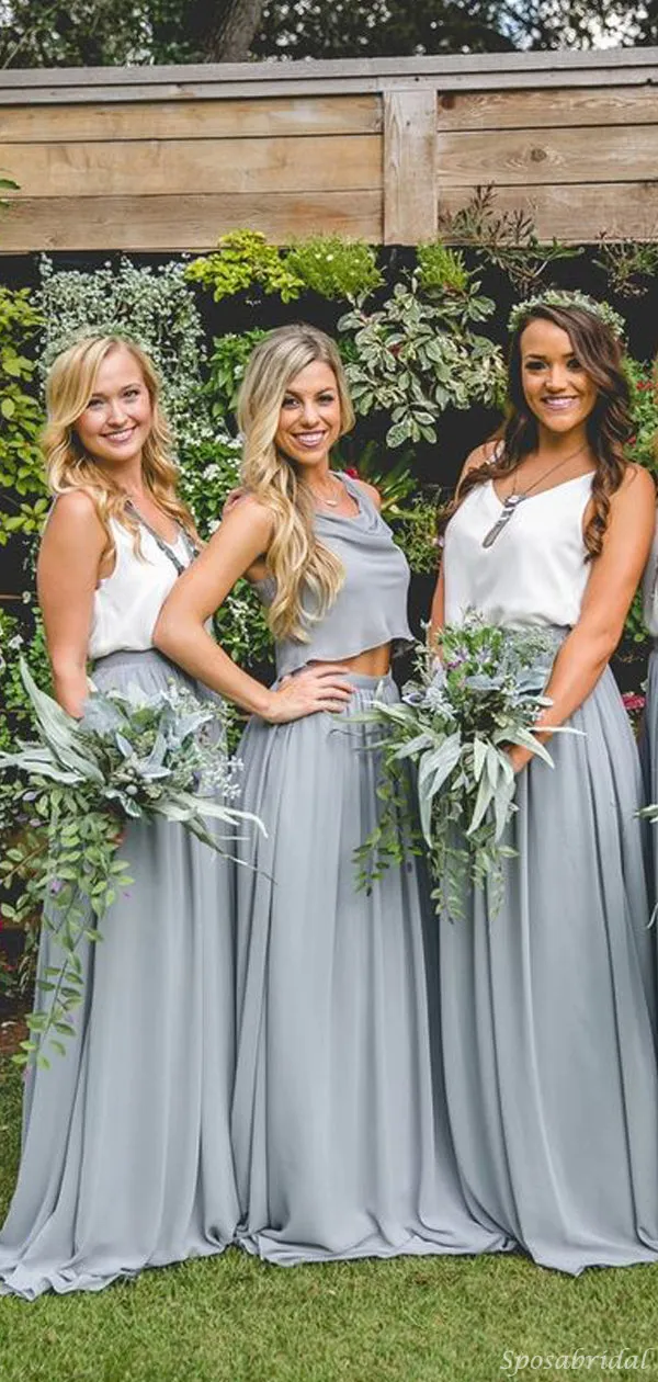 Cheap Dusty Blue and Burgundy Simple Two Pieces Bridesmaid Dresses, PD0306