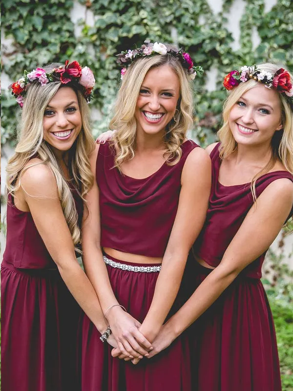 Cheap Dusty Blue and Burgundy Simple Two Pieces Bridesmaid Dresses, PD0306