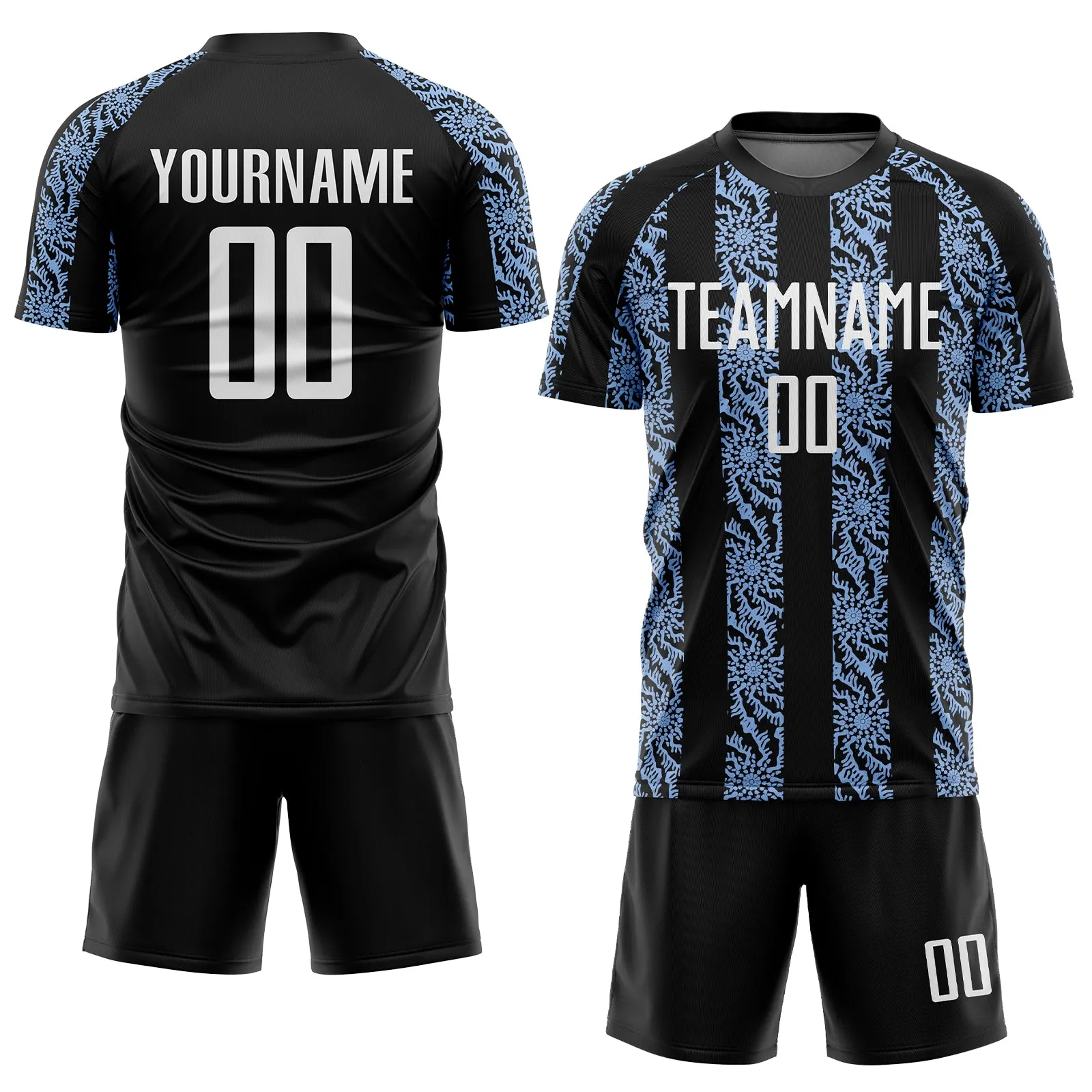 Custom Black White-Light Blue Abstract Shape Sublimation Soccer Uniform Jersey