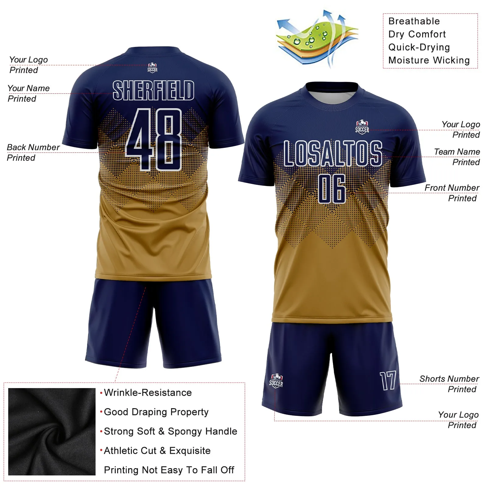 Custom Old Gold Navy-White Sublimation Soccer Uniform Jersey