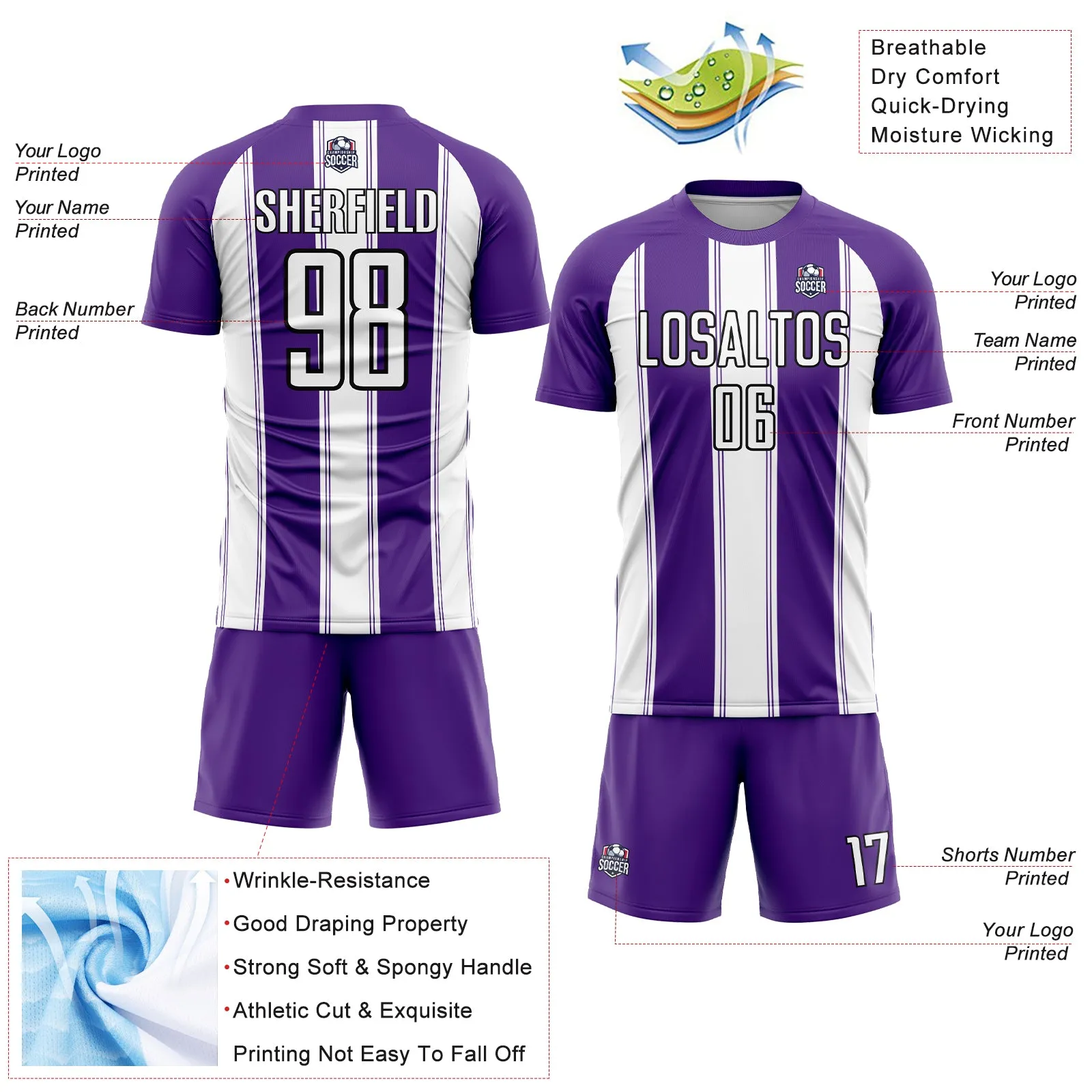 Custom Purple White-Black Line Sublimation Soccer Uniform Jersey