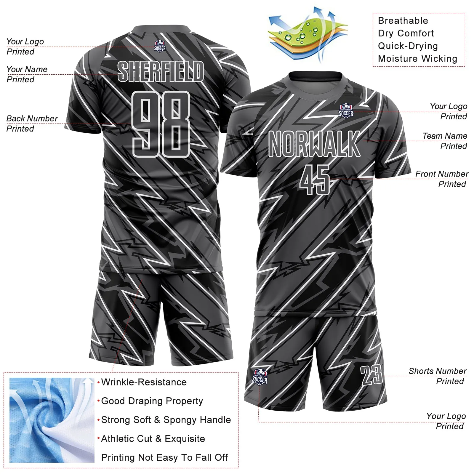 Custom Steel Gray White Lightning Sublimation Soccer Uniform Jersey