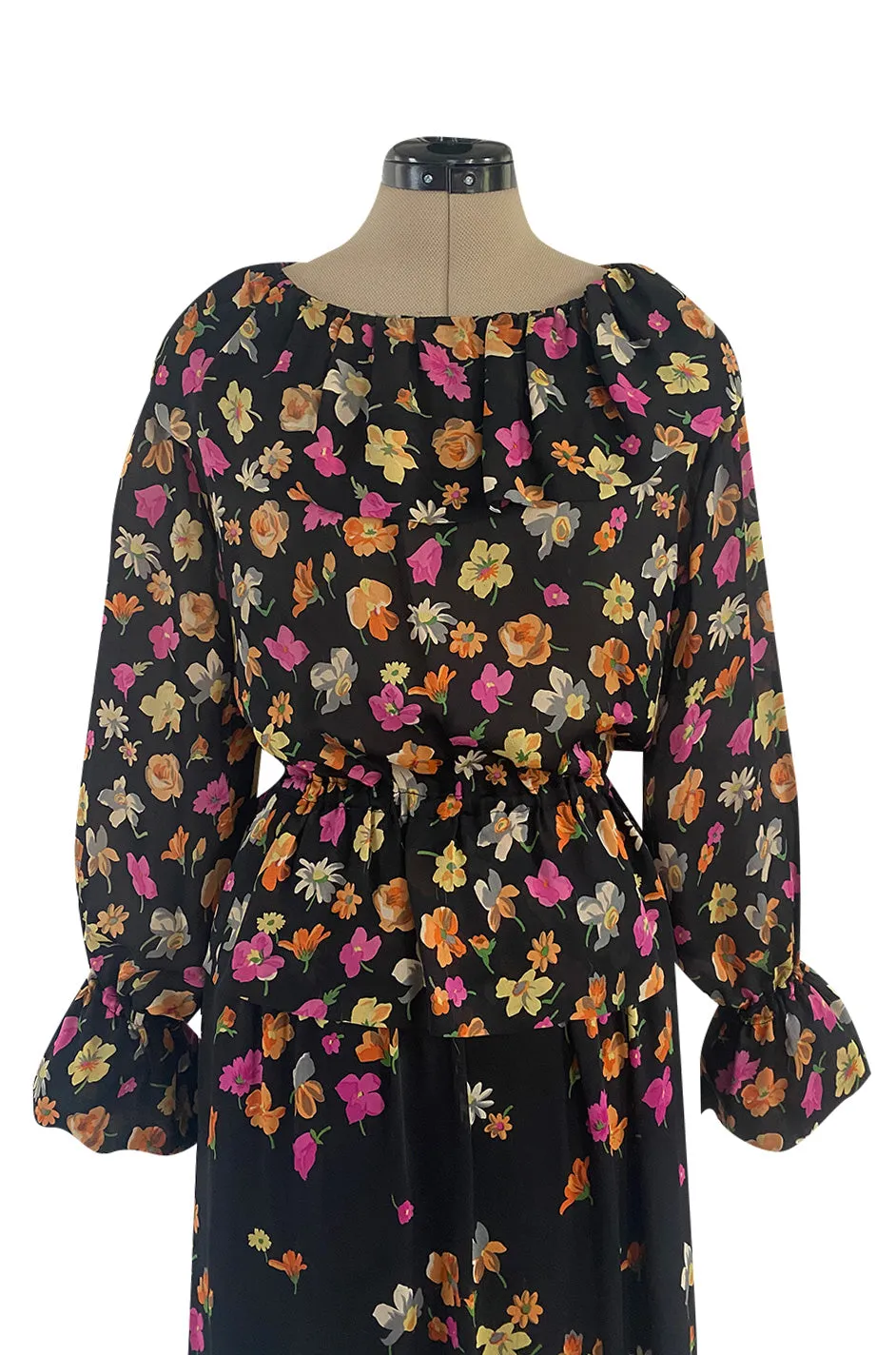 Early 1970s Christian Dior by Marc Bohan Demi-Couture Floral Silk Skirt & Top Dress Set