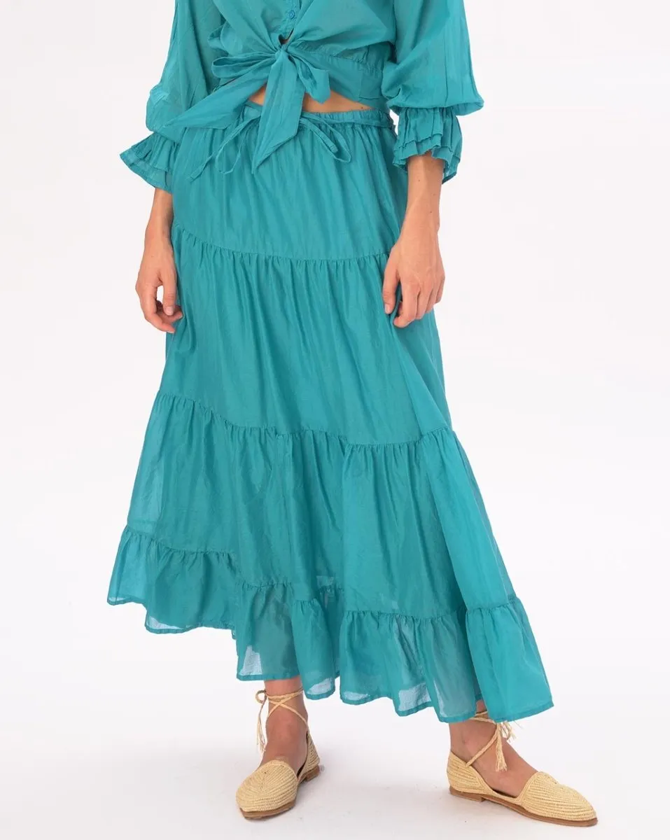 Elastic Waist Pleated Tiered Cotton Skirt