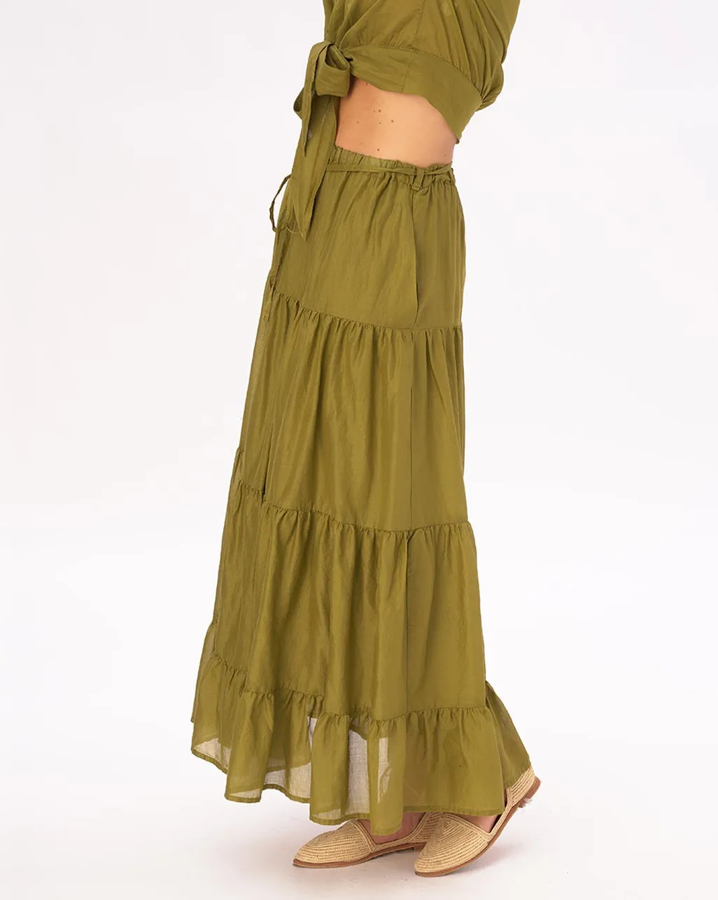 Elastic Waist Pleated Tiered Cotton Skirt