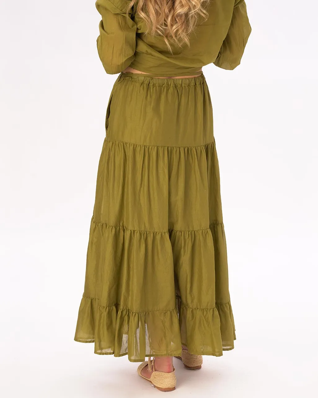 Elastic Waist Pleated Tiered Cotton Skirt