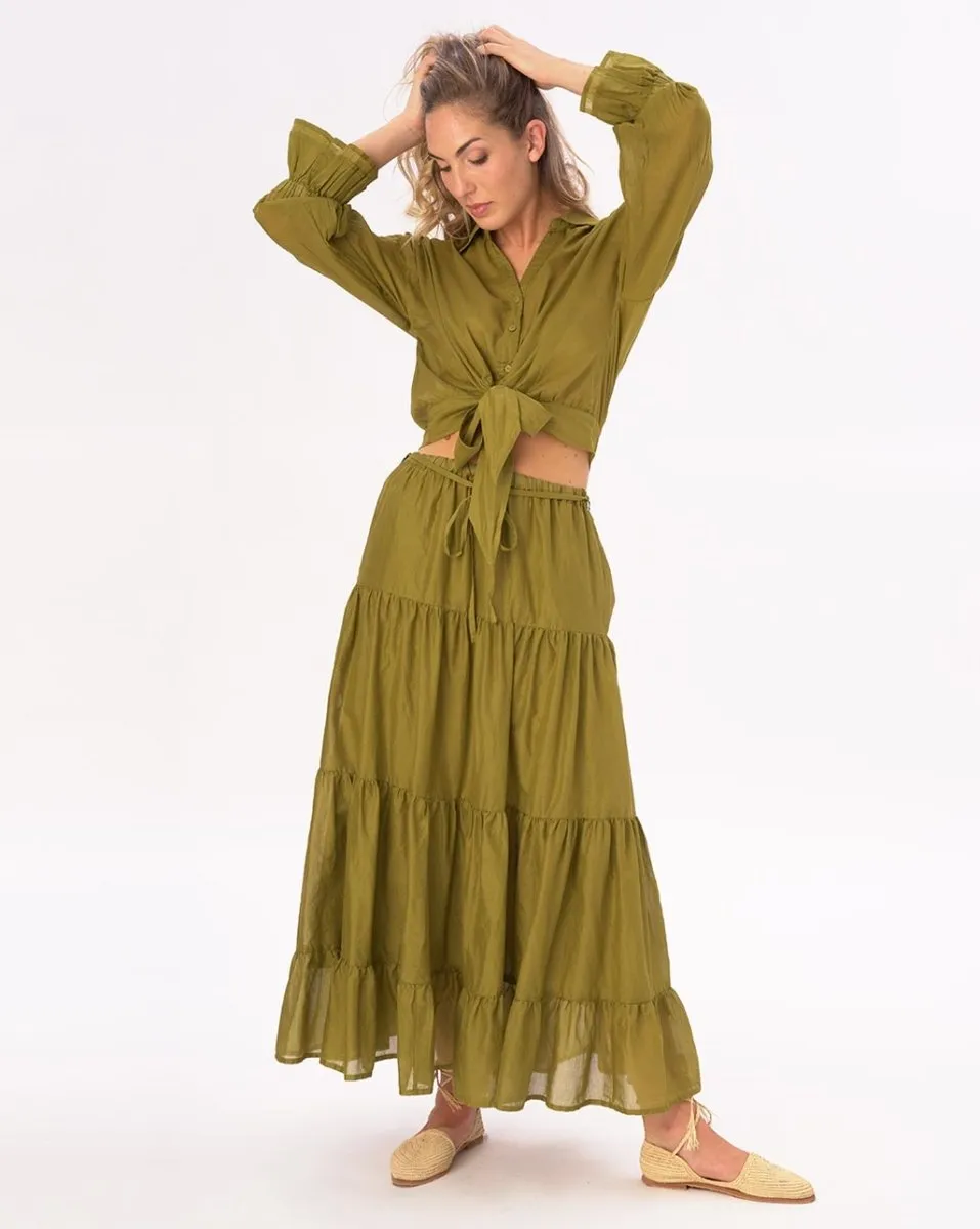 Elastic Waist Pleated Tiered Cotton Skirt
