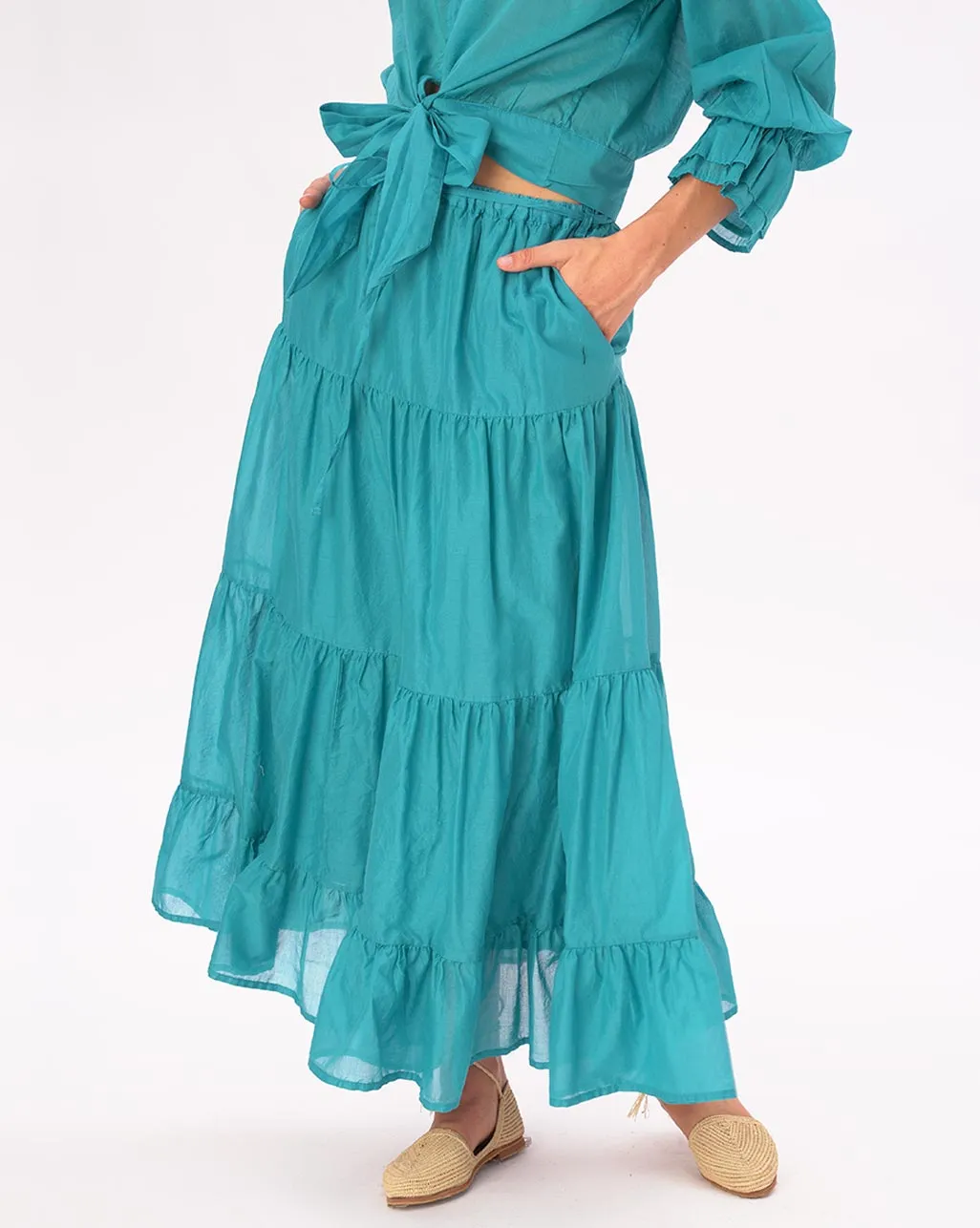 Elastic Waist Pleated Tiered Cotton Skirt