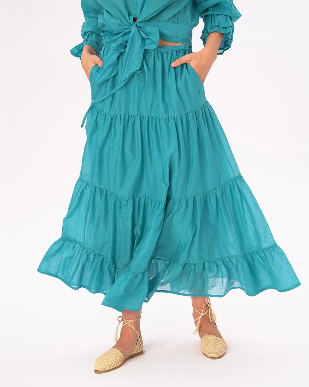 Elastic Waist Pleated Tiered Cotton Skirt