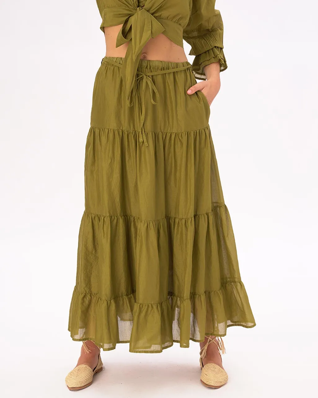 Elastic Waist Pleated Tiered Cotton Skirt