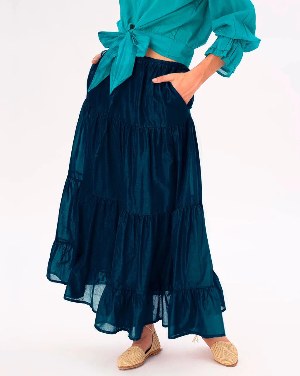 Elastic Waist Pleated Tiered Cotton Skirt