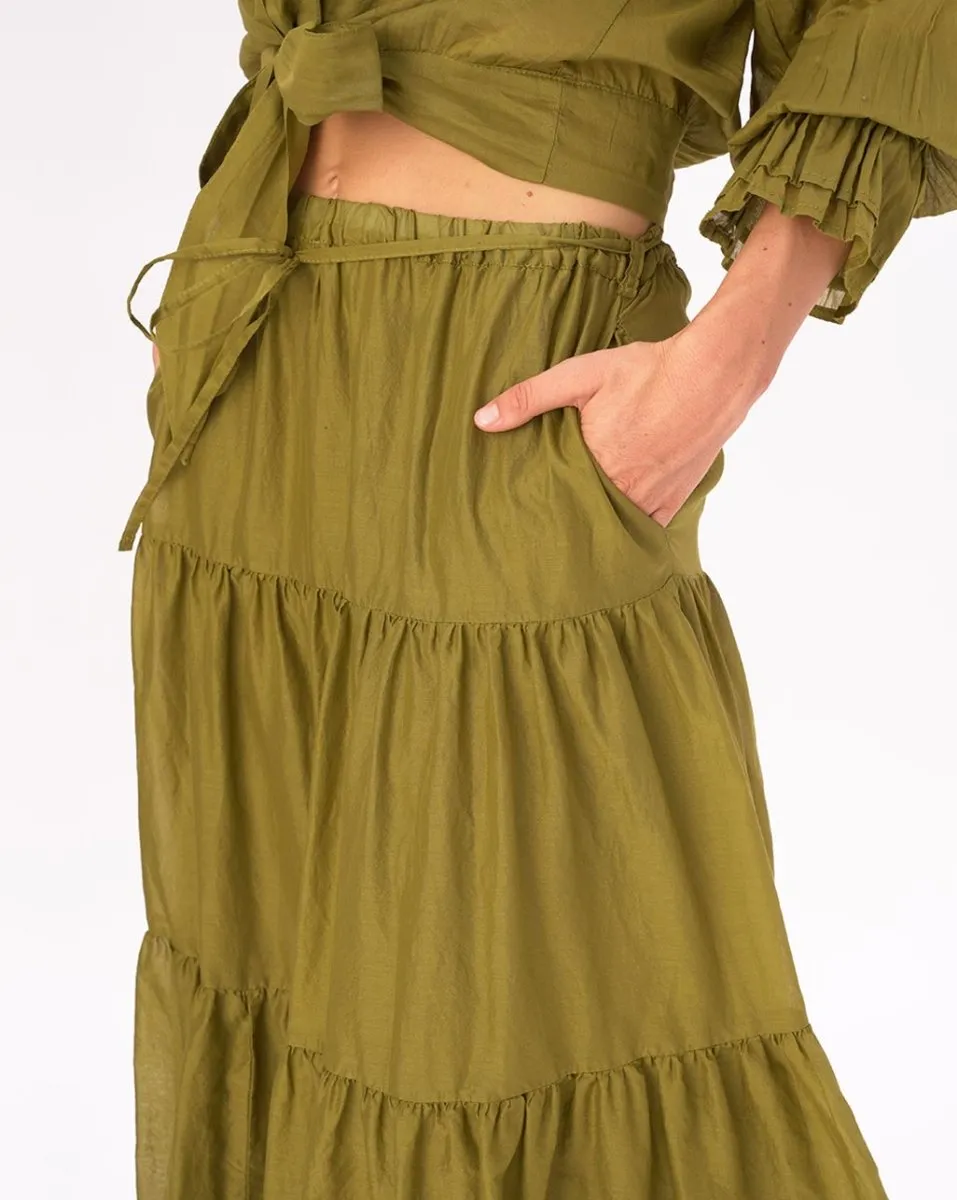 Elastic Waist Pleated Tiered Cotton Skirt