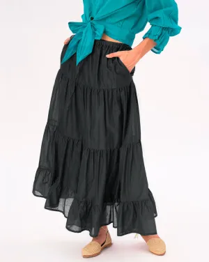 Elastic Waist Pleated Tiered Cotton Skirt