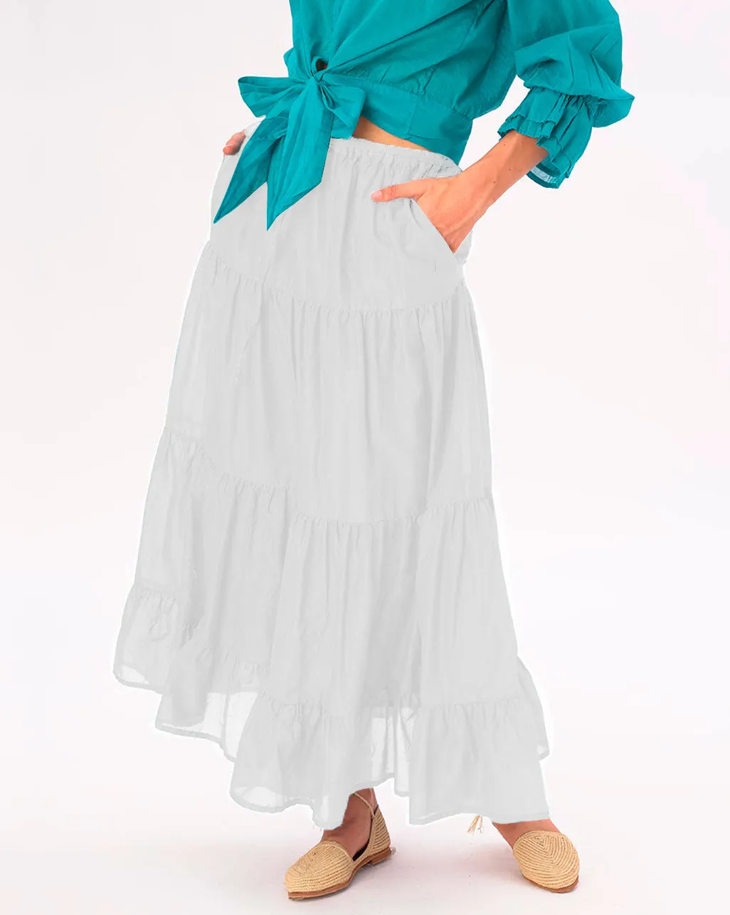 Elastic Waist Pleated Tiered Cotton Skirt