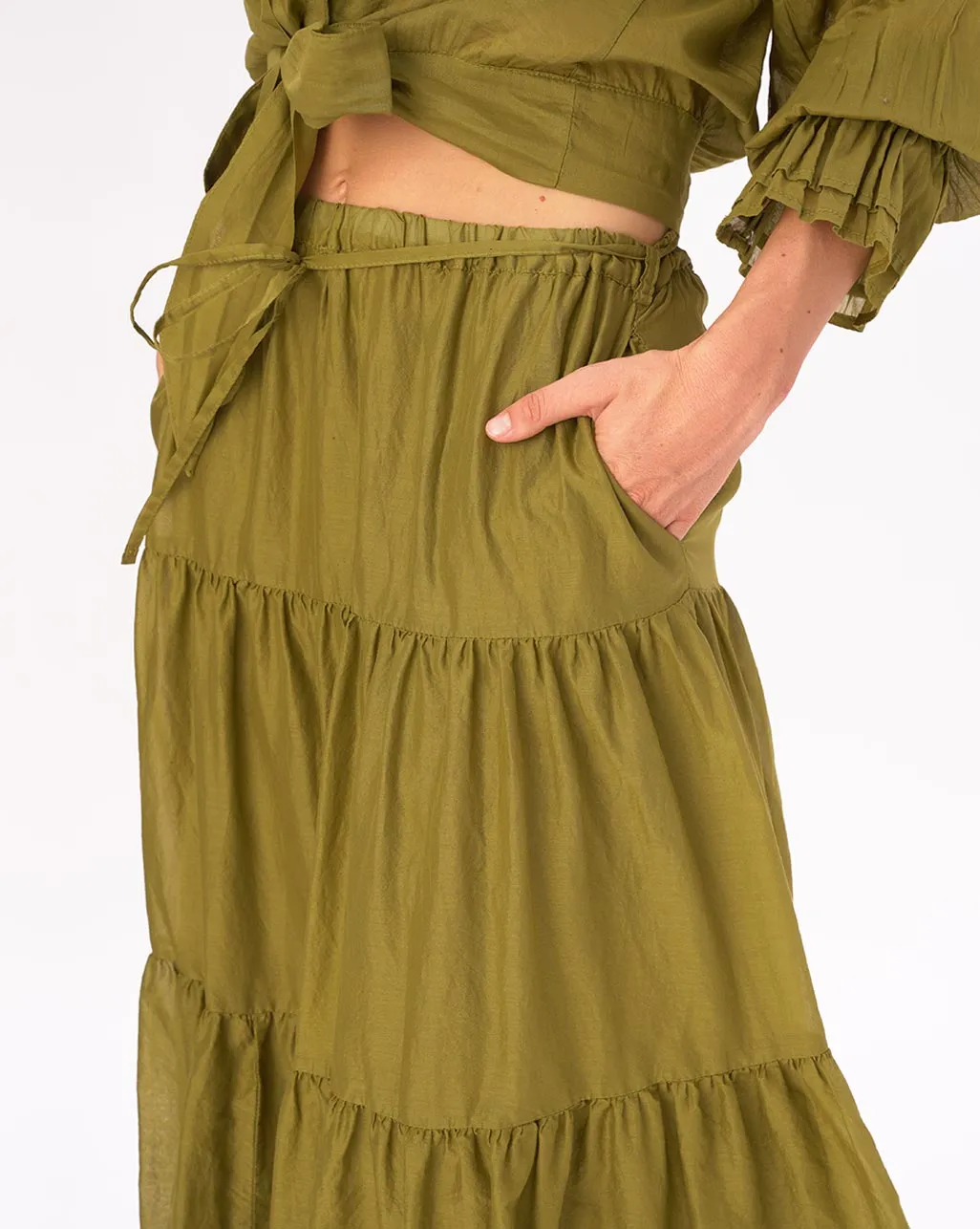 Elastic Waist Pleated Tiered Cotton Skirt