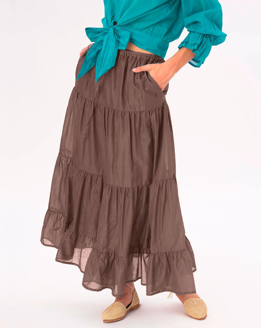Elastic Waist Pleated Tiered Cotton Skirt