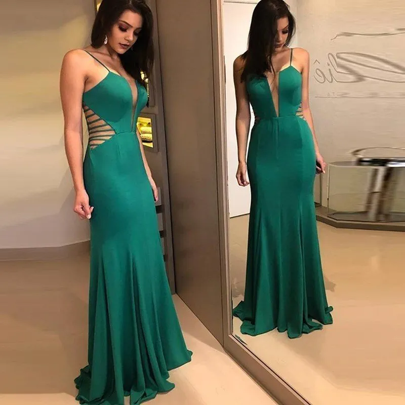 Elegant Green Spaghetti-Straps Mermaid Prom Dresses DN1406