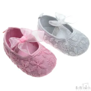 EMBROIDERED SHOES WITH ELASTIC STRAP & MATCHING ORGANZA BOW: B2104