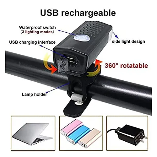 FABSPORTS Aluminum USB Rechargeable LED Bike/Bicycle Light Set, High Bright Front Light and Back Light, 3 Light Modes, Portable, Waterproof Headlamp (Black)